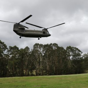 A Chinook helicopter touching down to commence Project Bristlebird